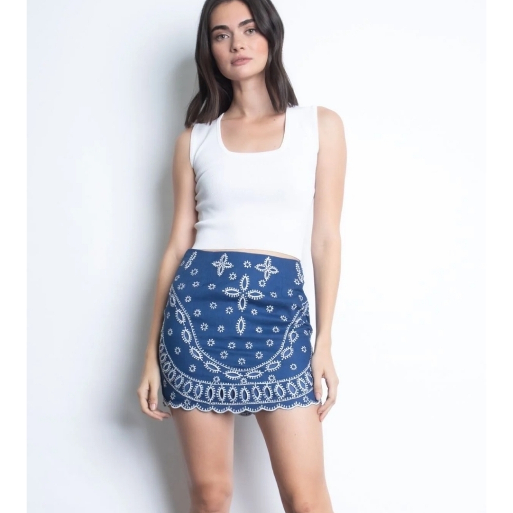Karina Grimaldi Blue Embroidered Mini Skirt
